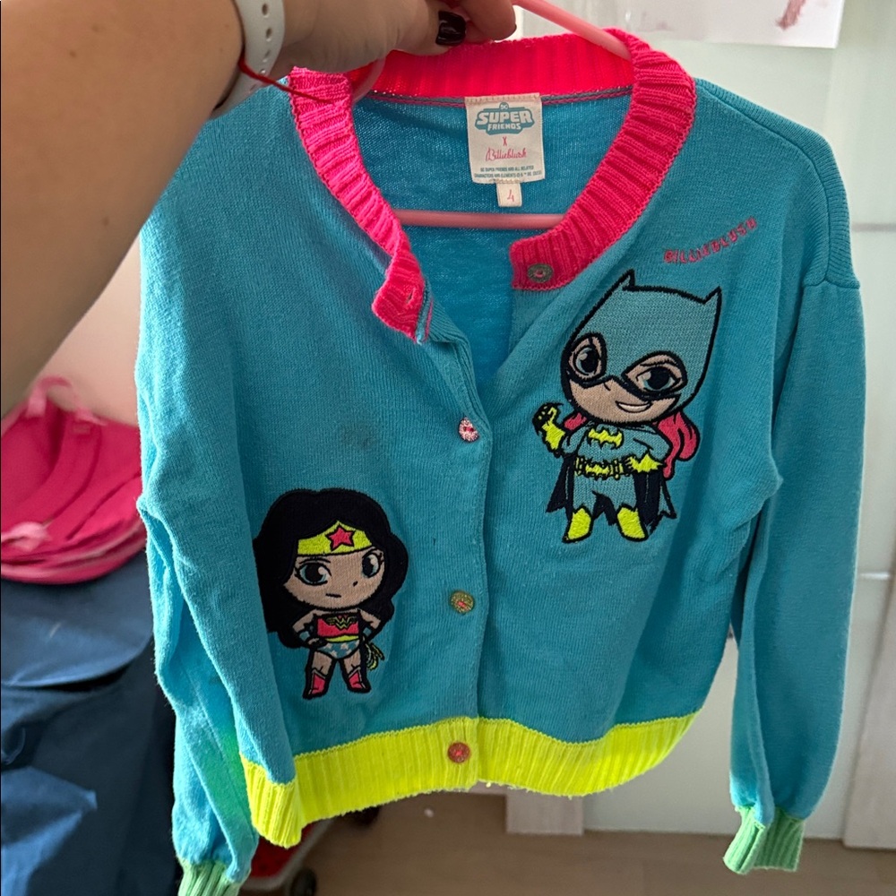 Super Hero Girls Aqua Cardigan with Pink Trim size 4